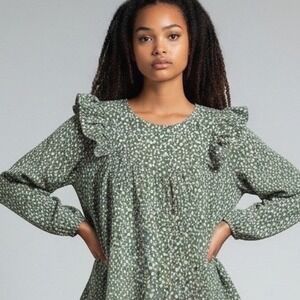 Michelle McDowell Green White Abstract Dot Ruffle Shoulder Blouse XL